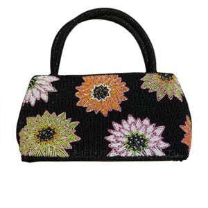 Floral Fully Beaded Black Handbag